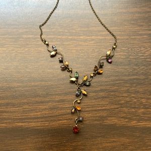 Vintage Brass-look Jeweled Drop Necklace 14” with 3” extender